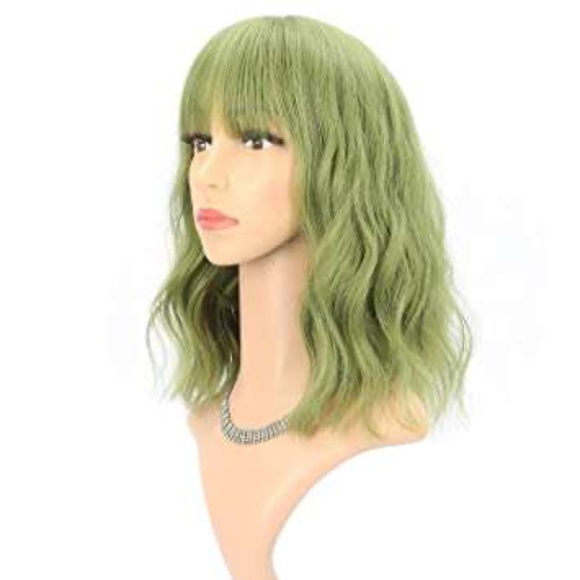FAELBATY Green Wave Bob Wigs With Bangs Synthetic Cosplay Wig for Girl Shoulder - Picture 1 of 1